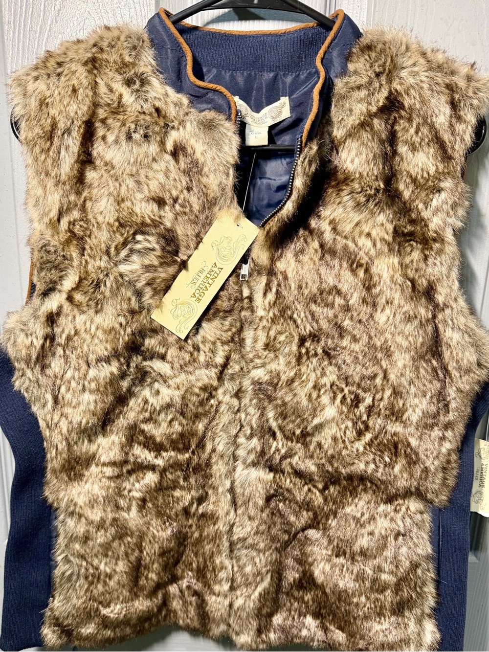 Vintage America Faux Fur Brown Vest with Navy Trim